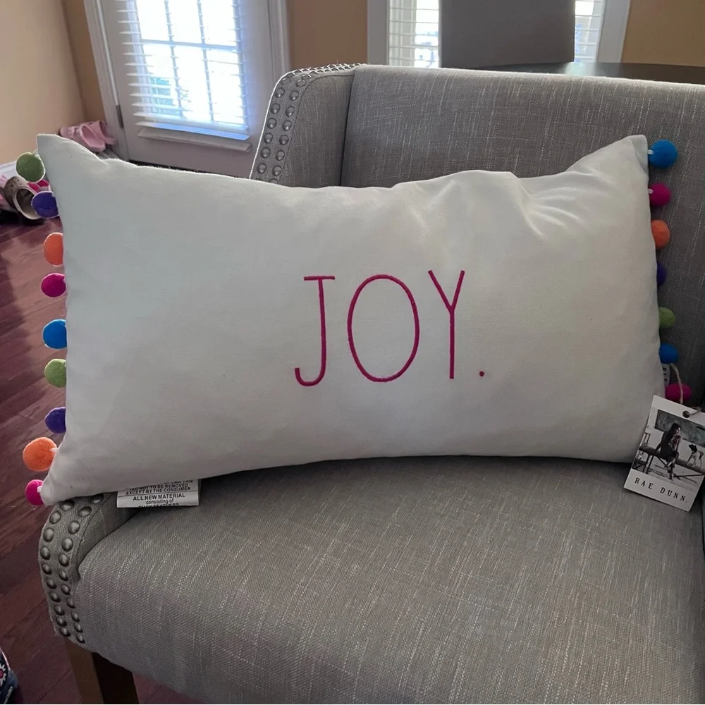 Rae Dunn | RARE ✨ NWT Joy Embroidered Pom Pom Trim Holiday Lumbar Throw Pillow